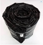 Black 16 by 27 foot ripstop steel tarp made of 14 oz vinyl, featuring a 4 by 8 foot flap, two rows of D-rings, and reinforced grommets clinched every 2 feet for secure cargo protection