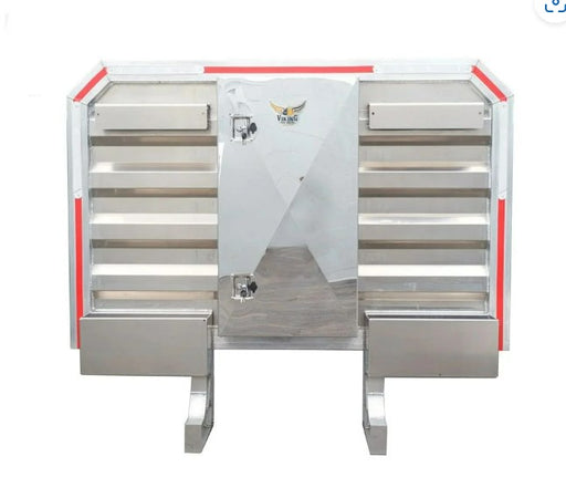 Aluminum cab rack measuring 68 inches by 80 inches, featuring a center mini-vault with smooth mirror finish doors, equipped with 2 chain racks and 2 half trays; weighs 218 lbs.
