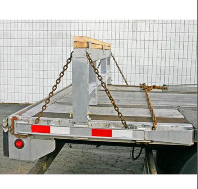 Aluminum load leveler measuring 5 inches long, 100-7/8 inches wide, and 18 inches high; 20,000-pound capacity, adjustable stake pocket post, suitable for 18-inch drop step deck trailers.