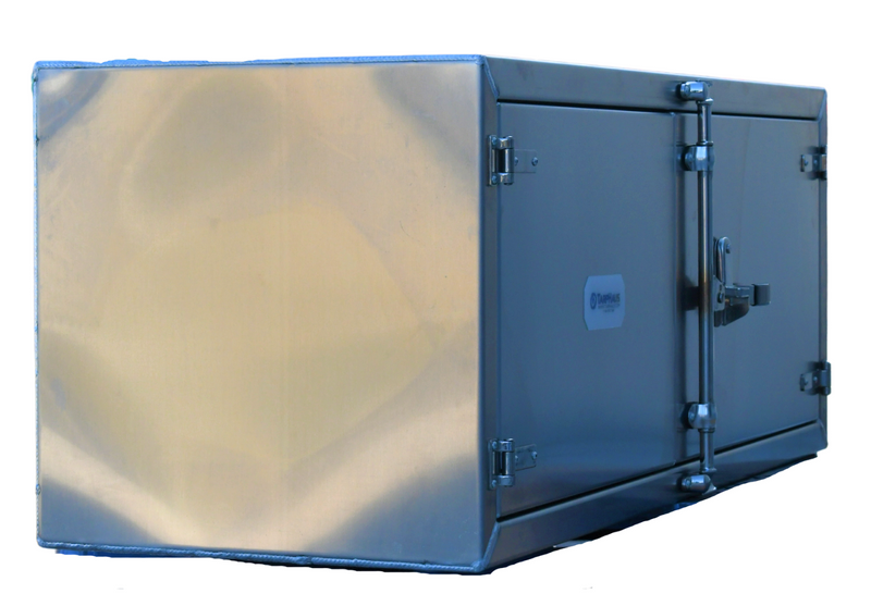 Aluminum underbody trailer tool box with mirror finish doors, measuring 18 inches high, 18 inches deep, and 60 inches wide, equipped with a paddle lock and weather-resistant rubber seal.