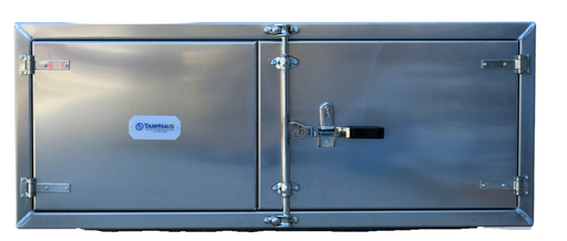 Aluminum underbody trailer tool box with mirror finish doors, measuring 18 inches high, 18 inches deep, and 60 inches wide, equipped with a paddle lock and weather-resistant rubber seal.