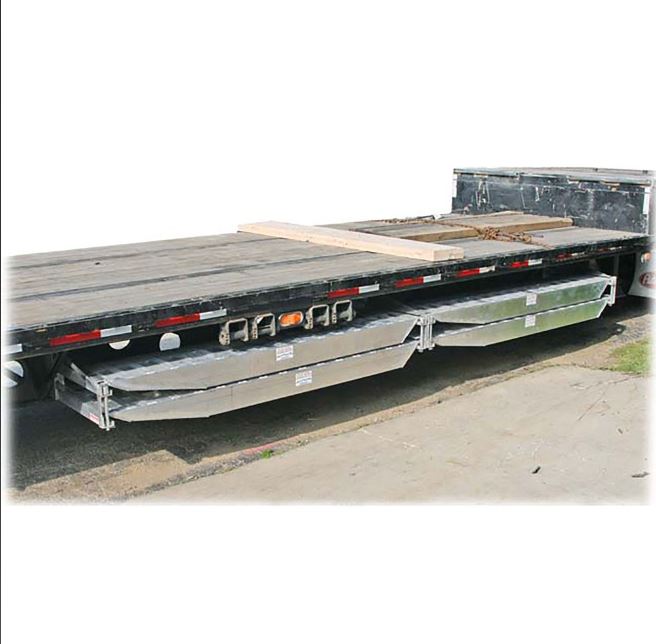 Aluminum double ramp hanger designed for 18-inch or 20-inch wide ramps; left-hand configuration, dimensions of 2 feet 4.5 inches in length, 15.75 inches in width, and 5 inches in height, weighing 35 pounds. Mounting hardware not included.