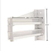 Aluminum double ramp hanger designed for 18-inch or 20-inch wide ramps; right-hand configuration, dimensions of 28.5 inches in length, 15.75 inches in width, and 5 inches in height, weighing 35 pounds. Mounting hardware not included.