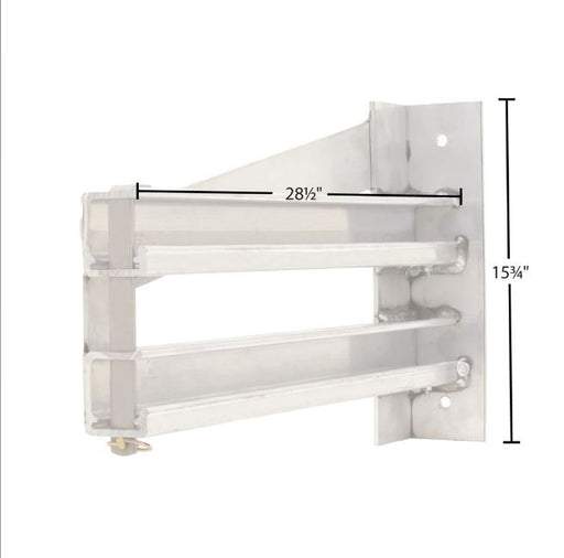 Aluminum double ramp hanger designed for 18-inch or 20-inch wide ramps; right-hand configuration, dimensions of 28.5 inches in length, 15.75 inches in width, and 5 inches in height, weighing 35 pounds. Mounting hardware not included.