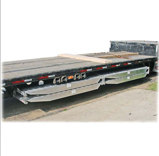 Aluminum double ramp hanger designed for 18-inch or 20-inch wide ramps; right-hand configuration, dimensions of 28.5 inches in length, 15.75 inches in width, and 5 inches in height, weighing 35 pounds. Mounting hardware not included.
