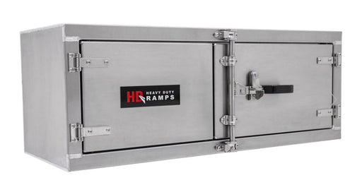 HD Ramps underbody aluminum toolbox measuring 18 inches high, 24 inches deep, and 60 inches wide; equipped with double doors, paddle lock latches, and a weather-resistant seal.