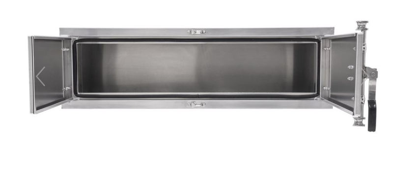 HD Ramps underbody aluminum toolbox measuring 18 inches high, 24 inches deep, and 60 inches wide; equipped with double doors, paddle lock latches, and a weather-resistant seal.