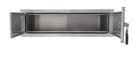 HD Ramps underbody aluminum toolbox measuring 18 inches high, 24 inches deep, and 60 inches wide; equipped with double doors, paddle lock latches, and a weather-resistant seal.