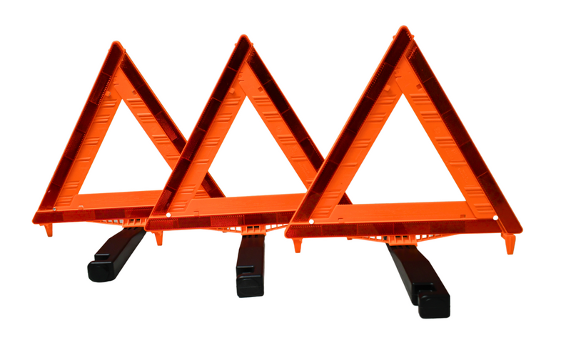 Highway Emergency Triangle Kit including three reflective triangles with weighted bases and a black carrying case.
