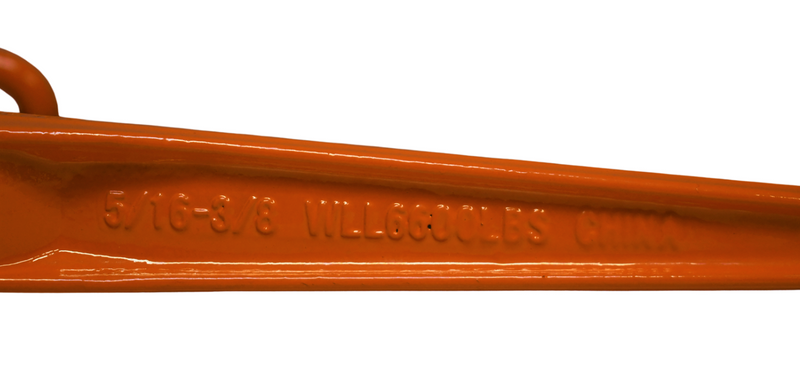 Kinedyne orange ratchet style chain binder for 5/16" to 3/8" chains, 5,400 lbs working load limit, 15-inch width, 25-inch length, 11.8 lbs weight.