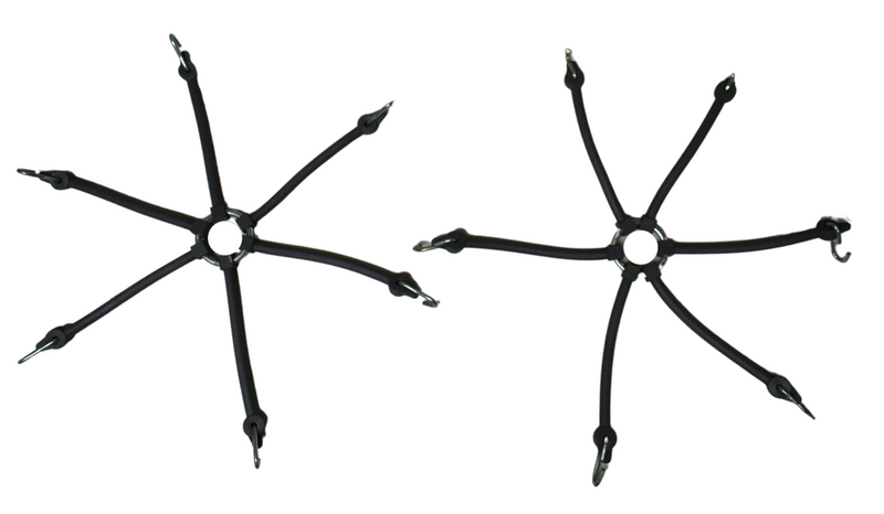 Set of 2 TarpHaus spider-style tire chain tensioners, each measuring 16.5 inches end-to-end, constructed from heavy-duty rubber for optimal chain tension.