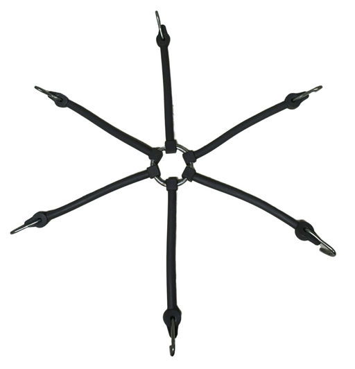 Set of 2 TarpHaus spider-style tire chain tensioners, each measuring 16.5 inches end-to-end, constructed from heavy-duty rubber for optimal chain tension.
