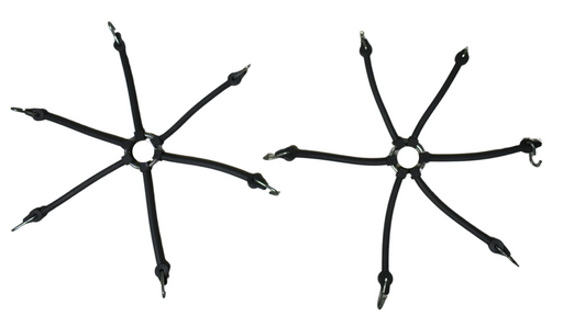 Set of 2 TarpHaus spider-style tire chain tensioners, each measuring 16.5 inches end-to-end, constructed from heavy-duty rubber for optimal chain tension.