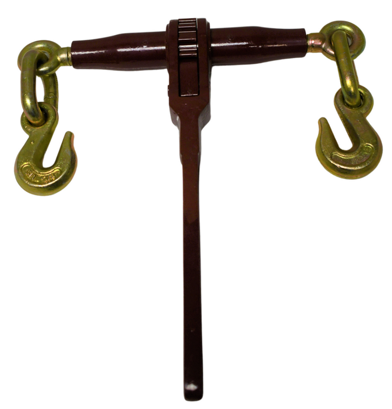 Maroon powder-coated ratchet chain binder for 5/16" - 3/8" chains, 7,100 lbs working load limit, equipped with 3/8" clevis grab hooks; compliant with DOT and NACM guidelines.
