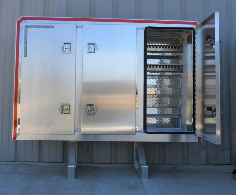 TarpHaus aluminum cab rack measuring 68 inches by 80 inches, featuring three vaulted smooth doors; outer compartments include chain racks, and the center compartment has shelves.