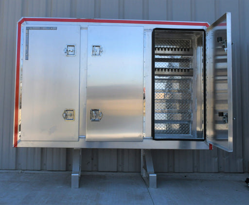 TarpHaus aluminum cab rack measuring 68 inches by 80 inches, featuring three vaulted smooth doors; outer compartments include chain racks, and the center compartment has shelves.