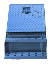 TarpHaus aluminum step box measuring 23 inches deep, 28 inches high, and 12 inches wide; features welded steps and a T-lock with nylon roller.