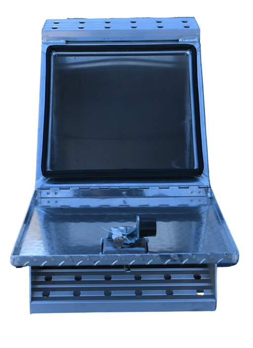 TarpHaus aluminum step box measuring 23 inches deep, 28 inches high, and 12 inches wide; features welded steps and a T-lock with nylon roller.