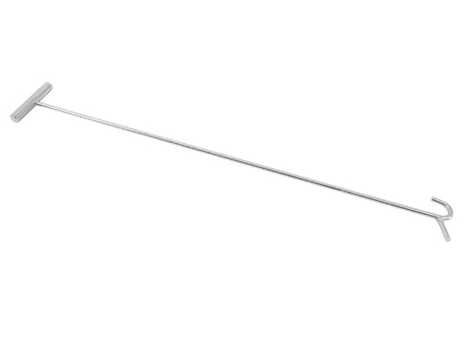 TarpHaus chrome fifth wheel pin puller with J-hook design, weighing 1.7 lbs; designed to reduce back, wrist, and arm strain during king pin release.