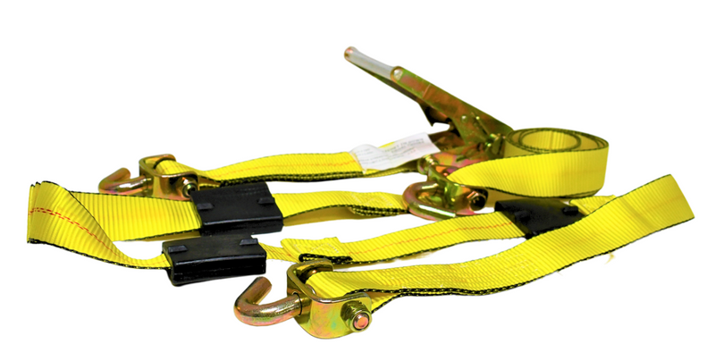 TarpHaus 2-inch by 10-foot over-the-tire ratchet tie down strap with 1,667 lbs working load limit, 5,000 lbs breaking strength, 3 rubber blocks, and 3 swivel J-hooks.