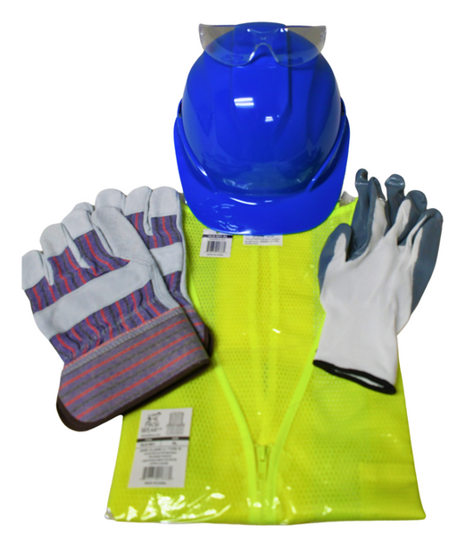 TarpHaus PPE Safety Kit featuring a hard hat, safety vest, fueling/chaining gloves, and safety glasses.