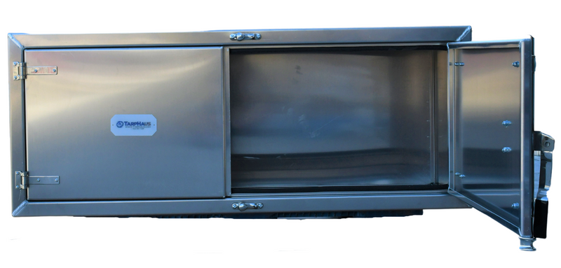TarpHaus aluminum underbody trailer tool box measuring 24 inches high, 24 inches deep, and 60 inches wide, featuring a mirror finish with paddle lock and weather-resistant rubber seal.